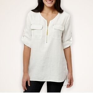 Ellen Tracy Women's Size S White 100% Linen Half Zip Roll Tab Sleeve Tunic Top